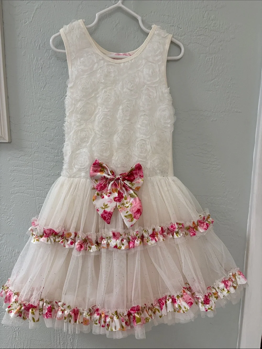 Popatu White Floral Rosette Tulle Dress with Pink Floral Bow